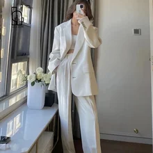 Luck A 2021 Women Office White Pink Suit Two-Piece Pantsuit Elegant Blazer Female Set Casual Loose Pants Jacket Work Clothes