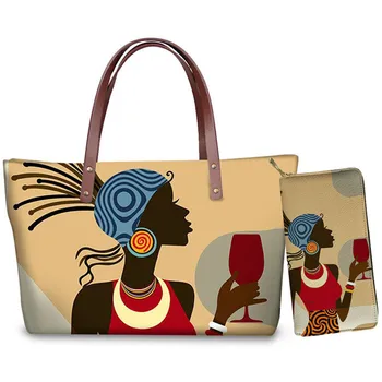 

Custom mode Hand Tote Bag Black Women Art African Purse&Handbags Ladies 2pcs/set Luxury Shoulder Bags for Females Beach Bag