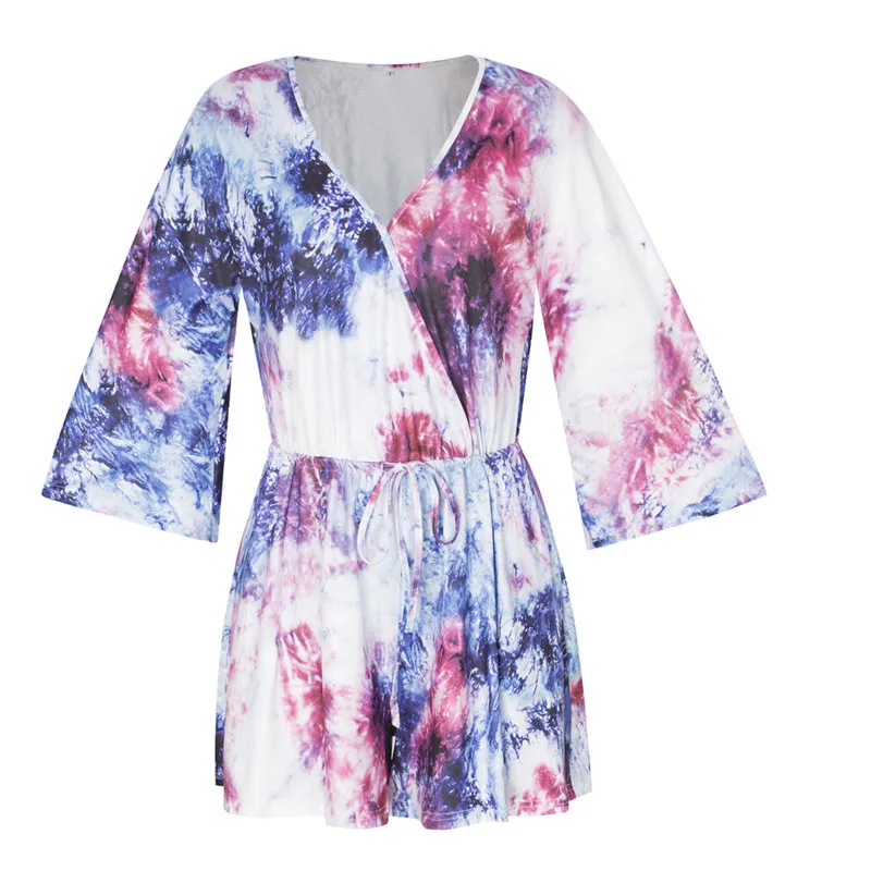 Модное окрашенное кимоно со шнуровкой, Женский Повседневный Комбинезон Boho с широкими штанинами, Модный комбинезон с v-образным вырезом и рукавами 3/4, комплект с шортами