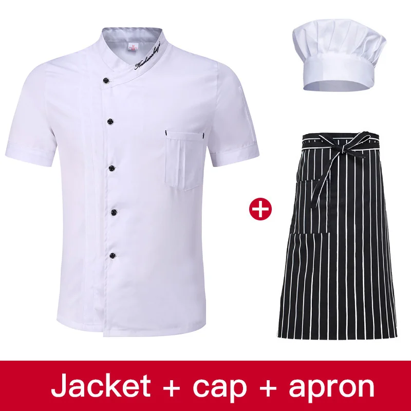 jacket cap apron Унисекс Униформа шеф-повара еда обслуживание короткий рукав дышащий двубортный питание поварская одежда шеф-повара КУРТКА+ шапка+ фартук - Цвет: jacket cap apron