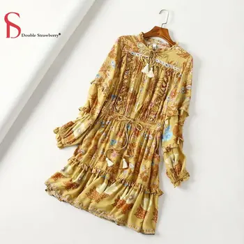 

Double Strwaberry Bohemian Style Positioning Printing Women Summer Tassel Elastic Waist Beach Holiday Dress