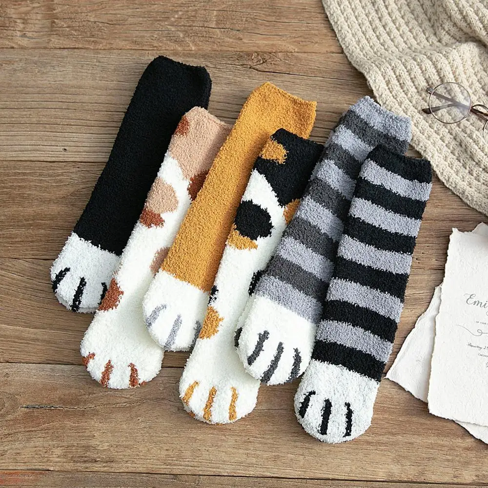 Зимние теплые носки с кошачьими лапами для женщин и девочек; носки для сна; домашние носки-тапочки; плотные носки; забавные кавайные носки