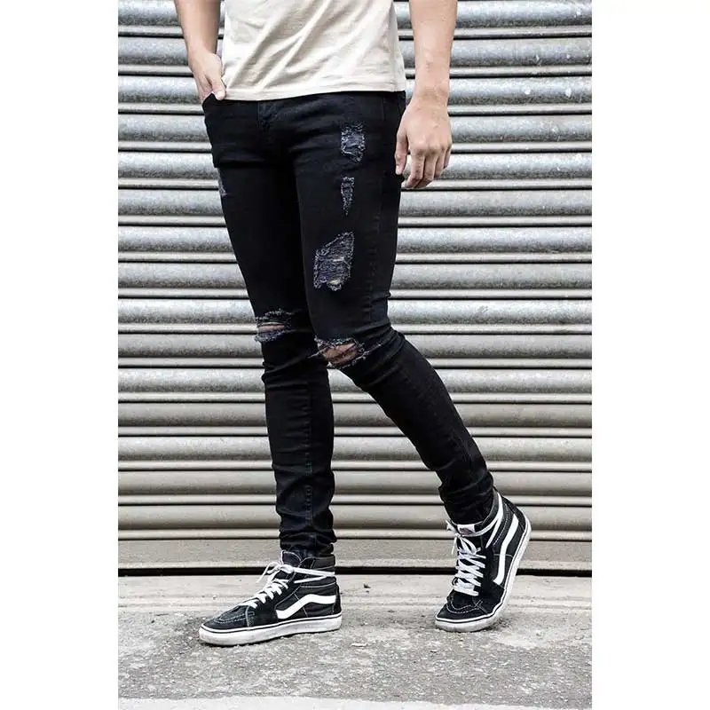 New Jeans Pants Men Slim Fit Skinny Designer Blue Hombre Broken Hole Stylish Classic Black Pantalon 4