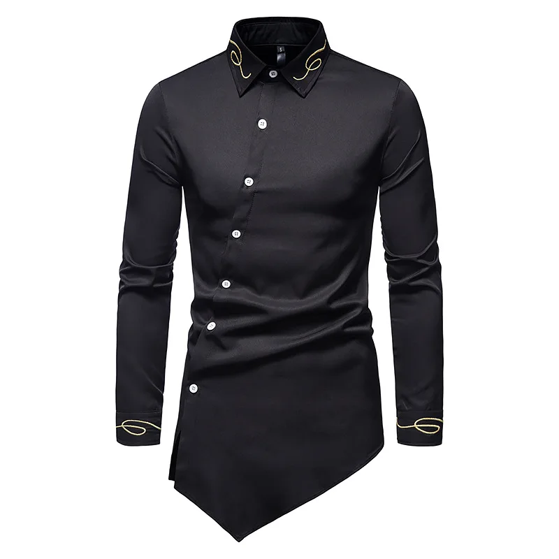 mens short sleeve shirts clearance Black Irregular Shirts Men 2021 Fashion Embroidery Casual Slim Fit Long Sleeve Shirt Men Social Wedding Dress Shirts Camisa XXL short sleeve shirt dress