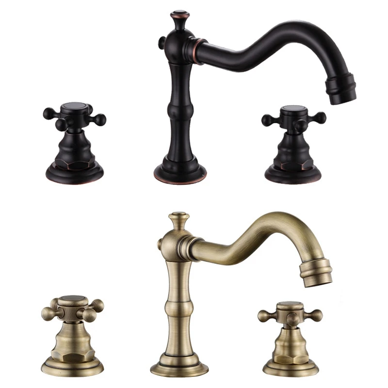 

All-Ceramic Antique Faucet Hot and Cold Mixed Water Basin Three-Hole Faucet Bathtub Faucet Gold