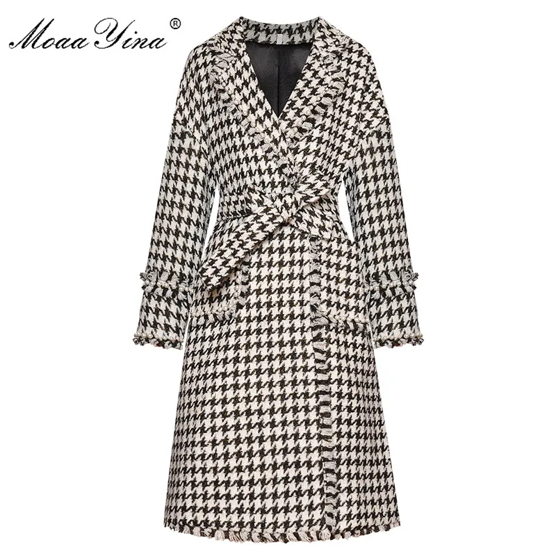

MoaaYina High Quality Fashion Designer Woolen coat Winter Women Long sleeve Pearl Lace up Elegant Keep warm Woolen coat Overcoat