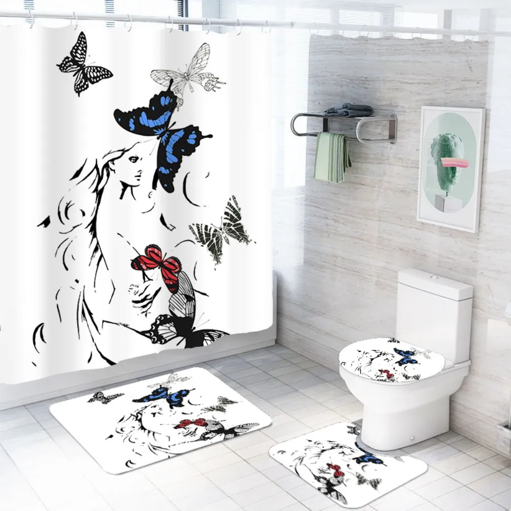 Details about   Shiny Butterfly Shower Curtain With Hook Bath Mat Bathroom Toilet Cover Rug Set 