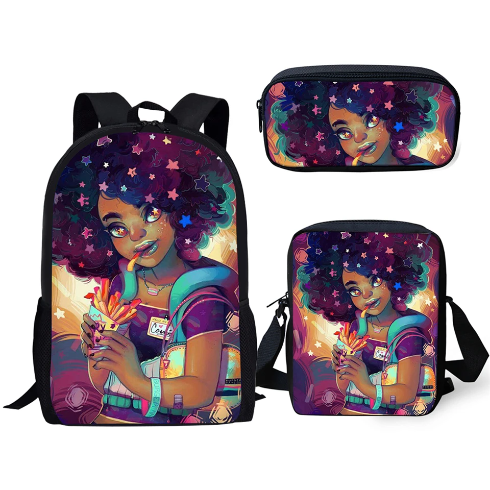 

HaoYun Primary School Backpack Set Black African Girls Pattern Kids School Bags Afro Arts Design Students 3PCs/Set Book Bags