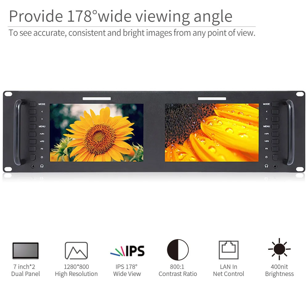 Feelworld D71-H Dual 7 Inch 3RU IPS 1280 x 800 HDMI LCD Rack Mount Monitor Portable 2 Screens Broadcast Monitor