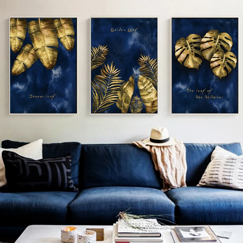

Canvas Paintings Luxury Wall Art Golden Leaf Wall Art Prints Blue Posters Decorative Wall Art Prints Living Room Home Decor