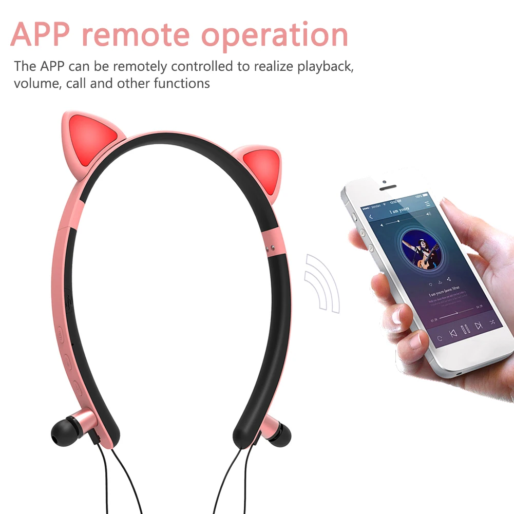 Portable Led Gift Magnetic Absorption Cute Girls APP Remote Control Universal With Mic Wireless Headphones Luminous Cat Ear