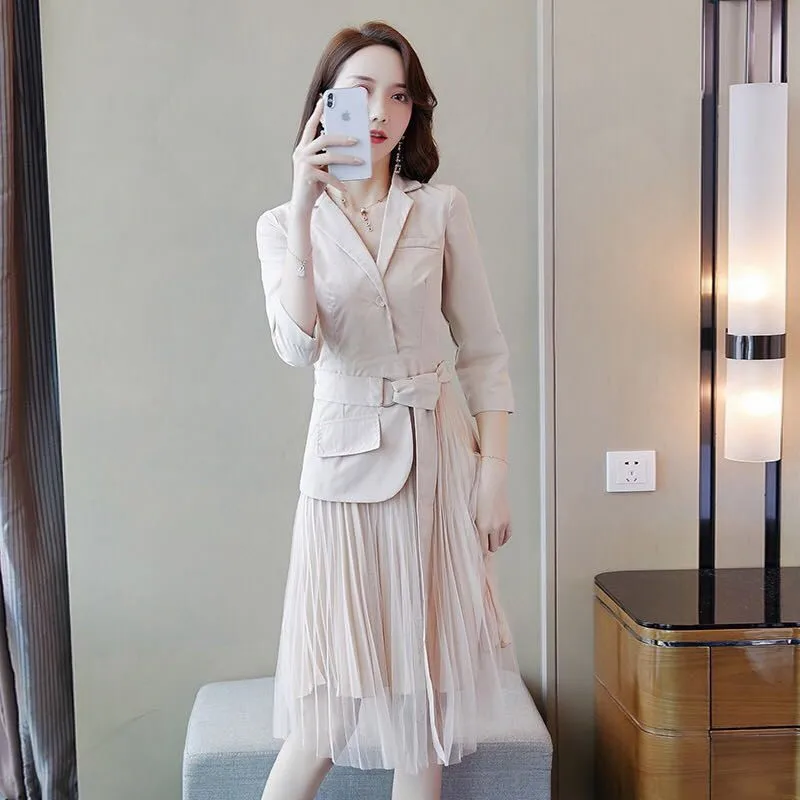 

OL Style Dress Women Pleated Belt Elegant Office Dresses Ladies 3/4 Sleeve Female Autumn Midi Party Dress