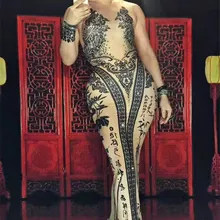 Сексуальное платье Чонсам Женская Одежда для танцев женский костюм певицы цельное Боди для ночного клуба вечерние платья