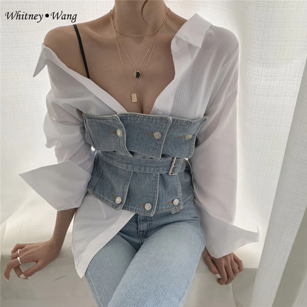 

WHITNEY WANG Blouses Woman 2019 Fashion Streetwear 2 Pieces Denim Chest Patchwork Blouse Women Blusas Shirt Tops