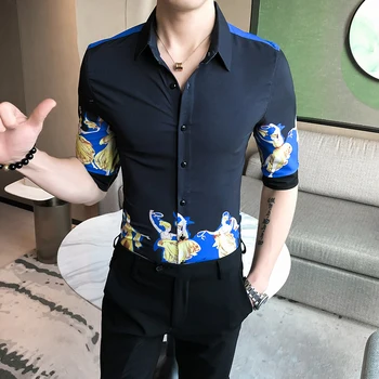 

Spring Men Shirt Personality Print Casual Slim Fit Short Sleeve Shirts Black White Dress Shirts Streetwear Social Chemise Homme