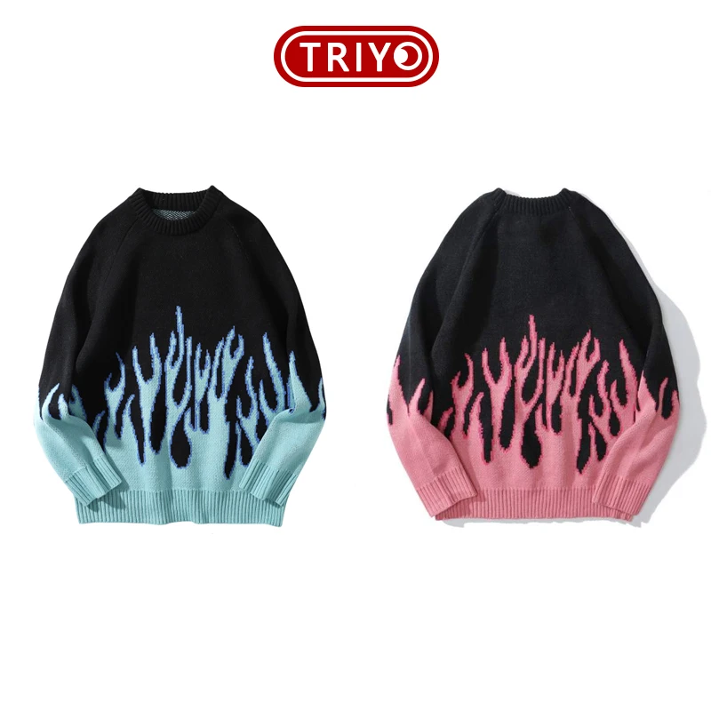 TRIYO 2021 Hip Hop Sweater Pullover Women Blue Fire Flame Knitted Harajuku Streetwear Tops Casual Couple Top Black | Женская одежда