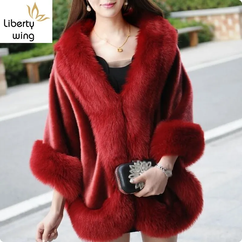 

Winter Top Brand Womens Warm Faux Capes Black Red Color Casual Coat Fox Fur Formal Court Outwear Short Scarf Overcoat
