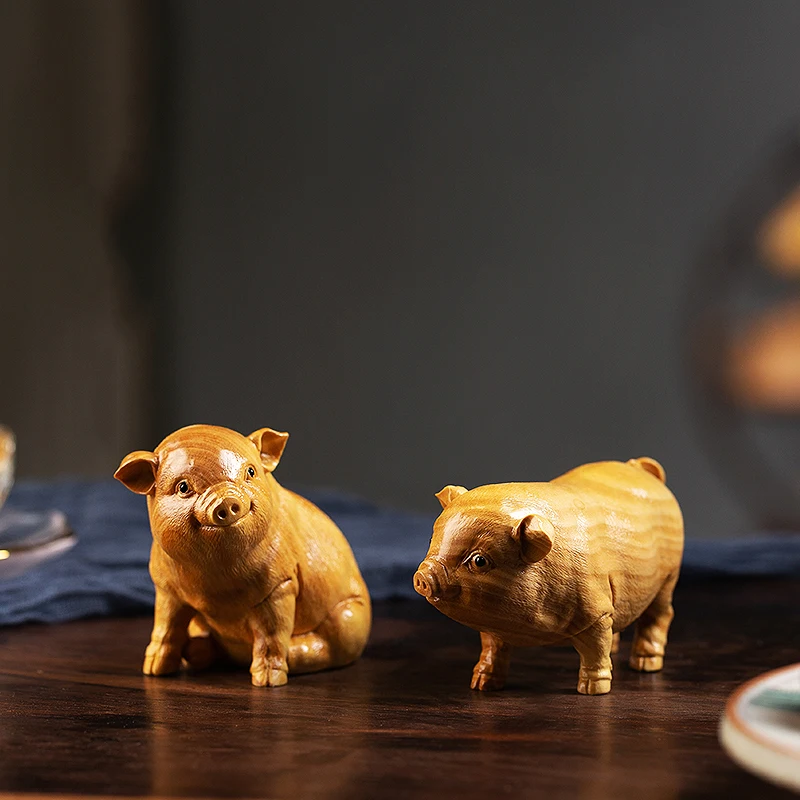 8cm Happy Pig Year Chinese Lovely Pig Statue Wood Statue Arts Crafts