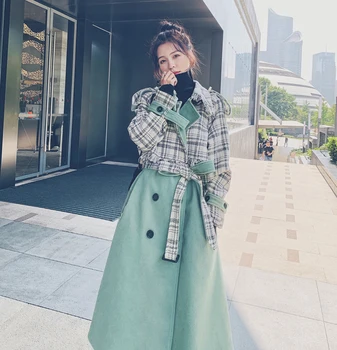 

Autumn Winter Double Breasted Belted Splice Plaid Women Long Woolen Coat Female Krean Elegant Loose Trench Wool Blends Overcoat