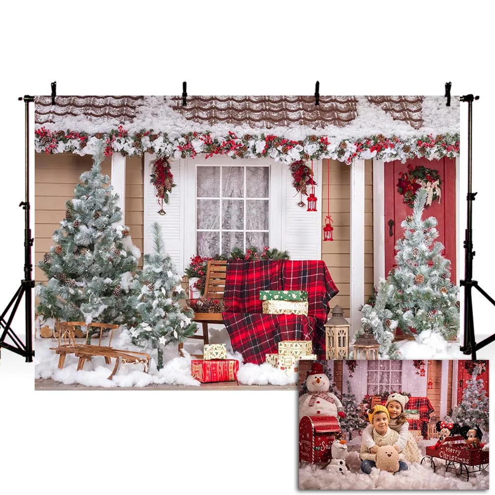 

Mehofond Winter Christmas Backdrop Rural Yard Tree Snow House Window Family Party Photography Background Decor Photo Studio Prop