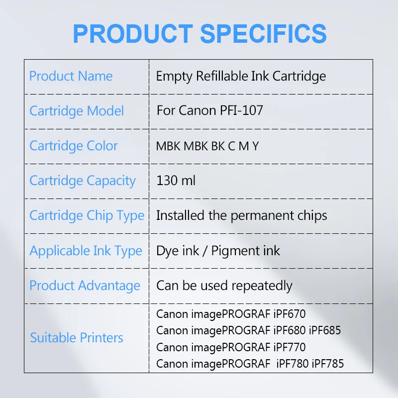 PFI-107 PFI107 Refillable Ink Cartridge With Permanent Chips for Canon iPF670 iPF680 iPF685 iPF770 iPF780 iPF785 130ML 6Colors printer supplies ink cartridge inkjet ink cartridge