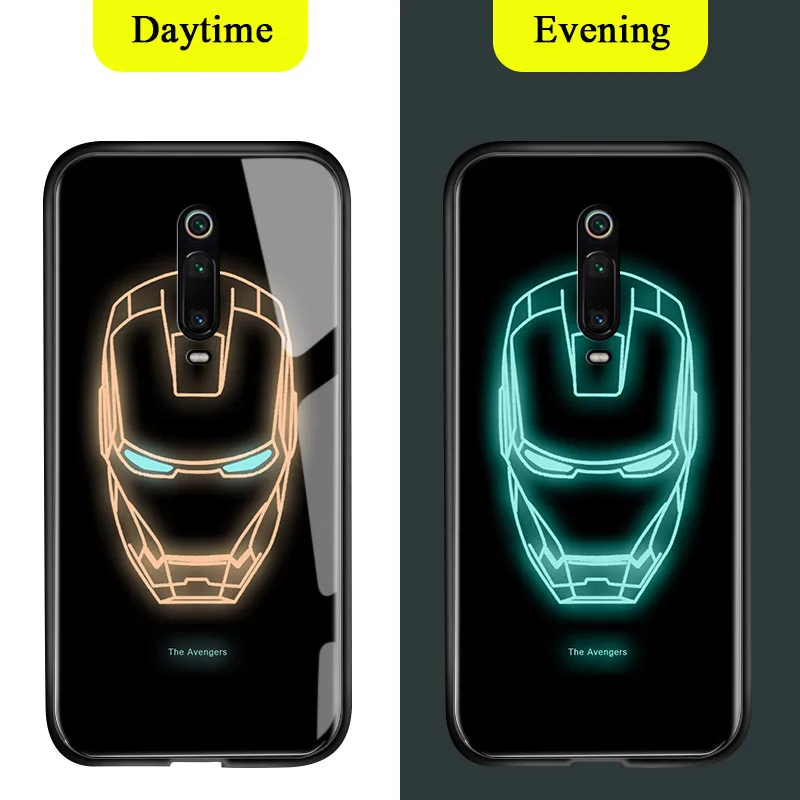 Ironman Для Xiao mi Red mi 8 8A K20 Pro mi 9T Lu mi nous Мстители Marvel Железный человек чехол светящийся в темноте закаленное стекло задняя крышка корпуса - Цвет: Ironman