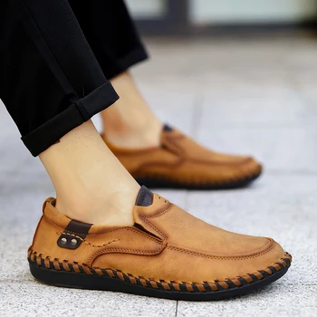 

Men fashion Soft genuine Leather Casual Shoes Outdoor Breathable slip on Flat Man shoes Men Loafers Moccasins big size 49