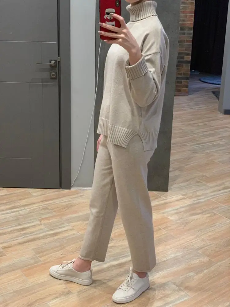 Женский комплект 2 шт. с длинным рукавом однотонные свободные рубашки 9/10 брюки корейский стиль Повседневный женский спортивный костюм осень зима