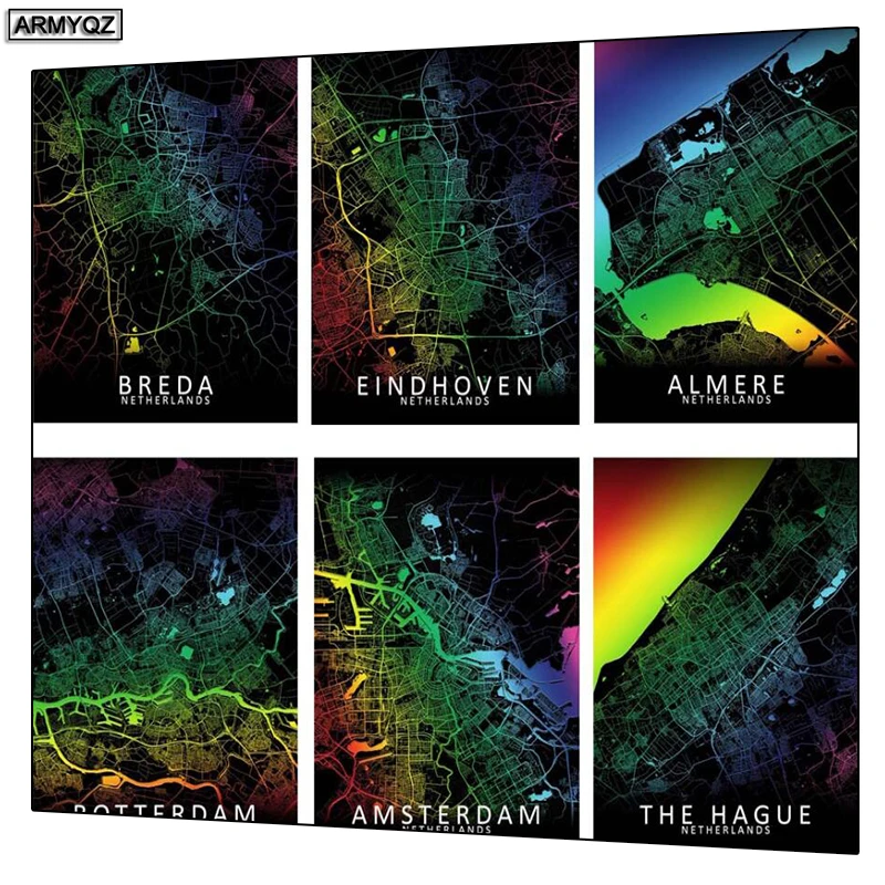 5D DIY Diamond Painting Netherlands Breda Rotterdam Tilburg Eindhoven Amsterdam-Rainbow City Map Art Wall Decor | Дом и сад