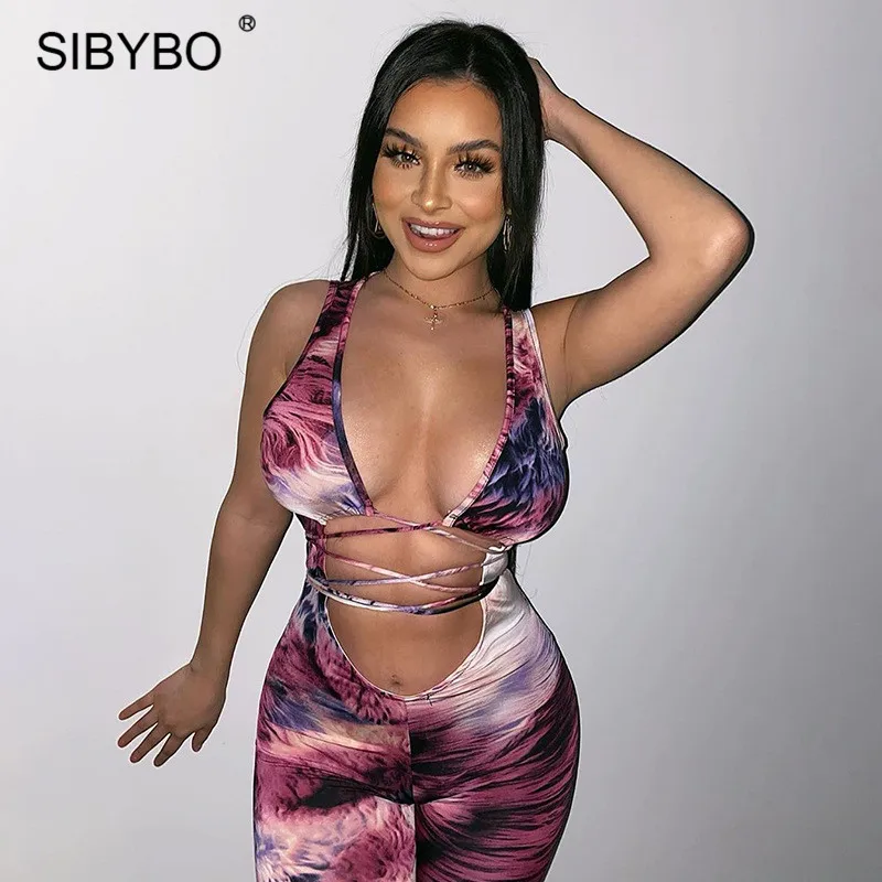 Женский комбинезон с вырезами SIBYBO обтягивающий принтом на завязках открытой