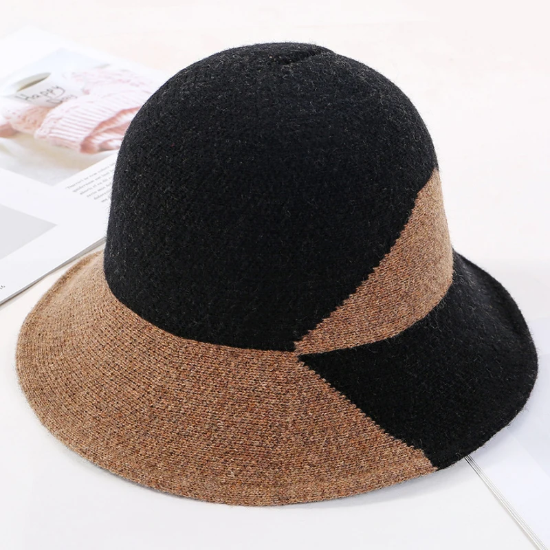 HT2768 New Fashion Knitted Hat Elegant Warm Autumn Winter Wool Hat Lady Wide Brim Bucket Hat Female Patchwork Fishing Bucket Cap