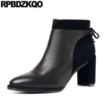 

suede shoes block black genuine leather women ankle boots 2019 round toe short brand booties chinese chunky autumn high heel mid