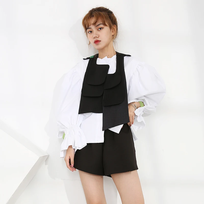 [EAM] Women White Irregular Stitch Big Size Blouse