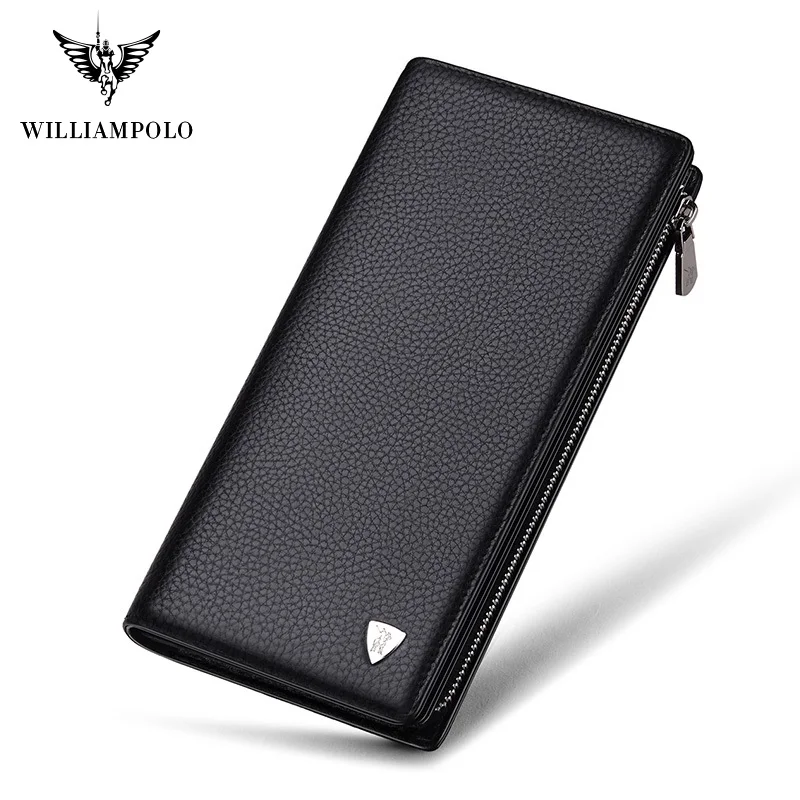 Длинный кошелек WilliamPolo для мужчин модный бумажник из натуральной кожи черного