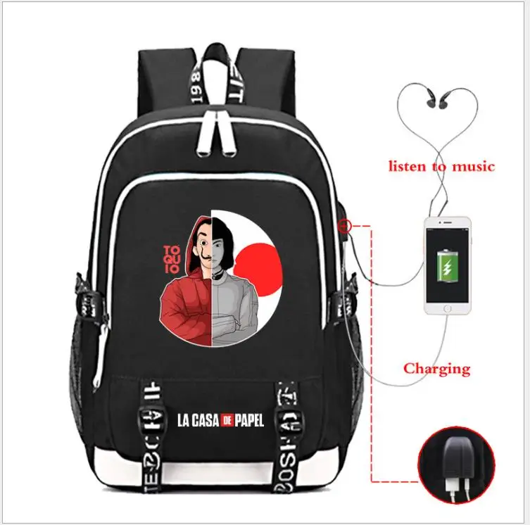 La Casa De Papel Оксфорд рюкзак usb зарядка школьная сумка бумажный дом музыка mochila рюкзак дорожная сумка рюкзак для ноутбука