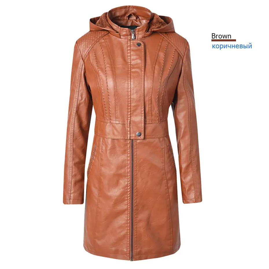 Hoodie Thick Fleece Long Leather Jacket Women's Winter Coat Warm Moto Outwear jaquetas couro veste cuir femme chaqueta mujer