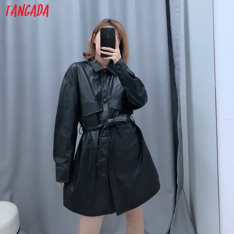 Tangada, женская черная куртка из искусственной кожи, пальто с поясом, отложной воротник, женская уличная одежда с длинным рукавом, пальто BE92