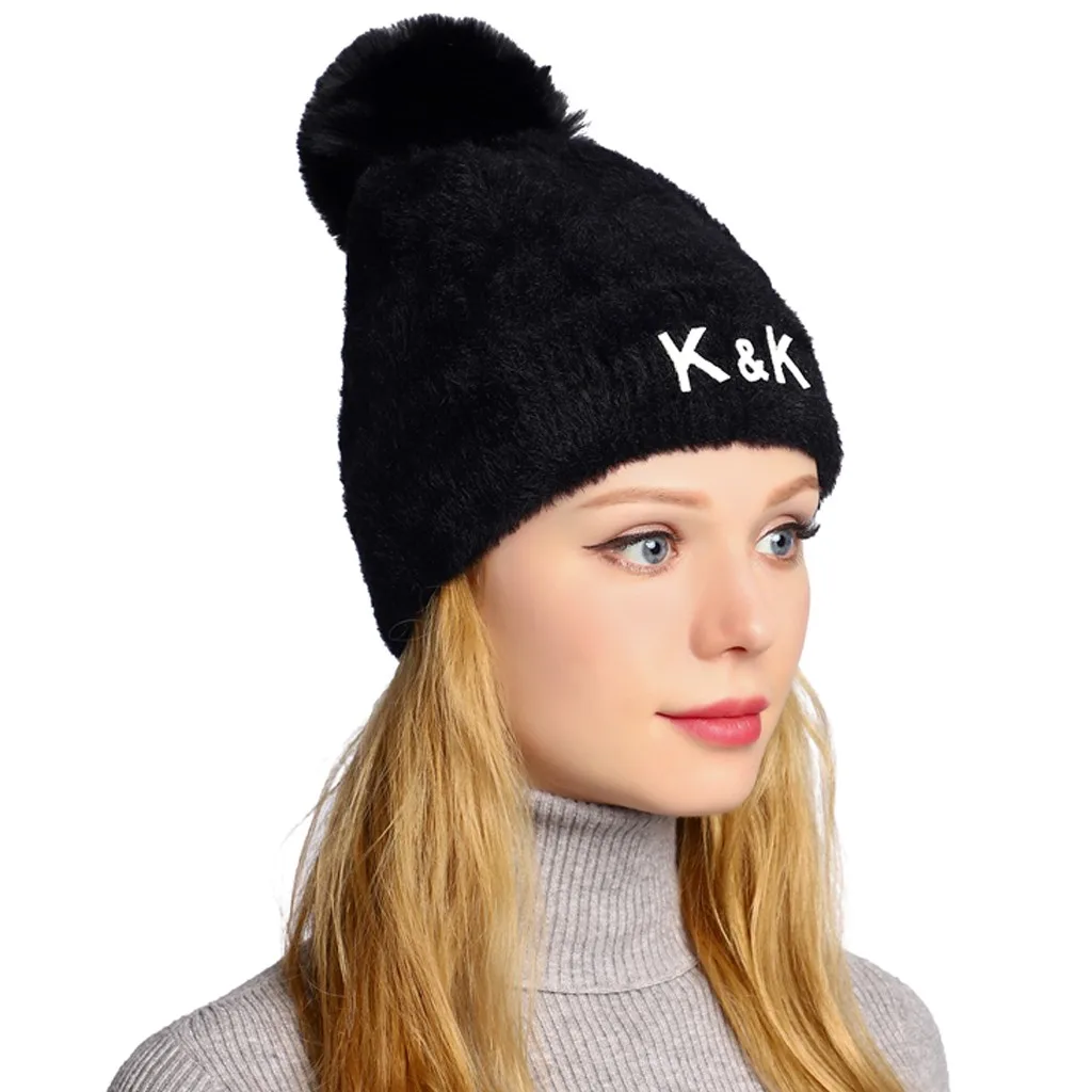 

K&K 2019 Women Winter Hat Fashion Curling Cap Hat Winter Warm Thickened Knitted Ball Cap Soft Pompom Hat Outdoor Sports