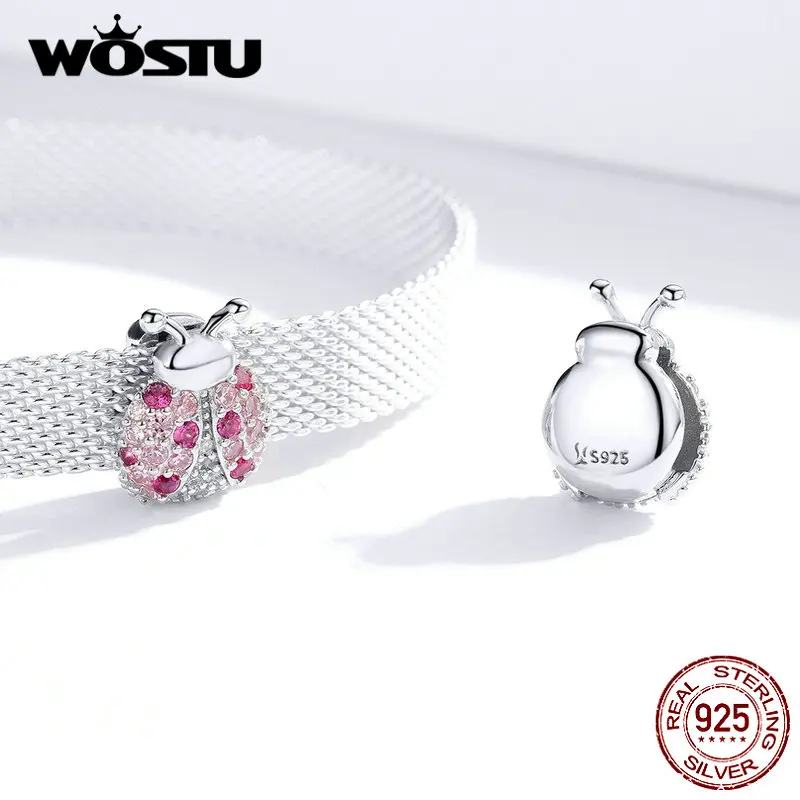 WOSTU 925 пробы серебряные бусины «божья коровка» розовый Циркон Шарм Подходит браслет и браслеты хорошее серебро 925 ювелирные изделия BKX104