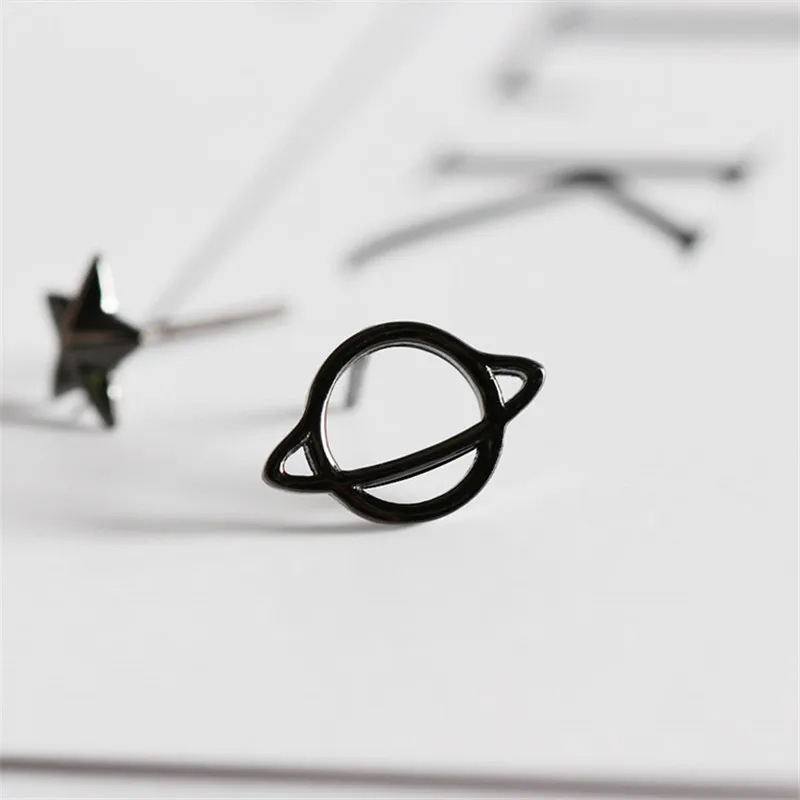 OLOEY Pure 925 Sterling Silver Asymmetry Earrings Cute Black Planet Saturn Star Women Stud Earring Fine Jewelry Gift YME603
