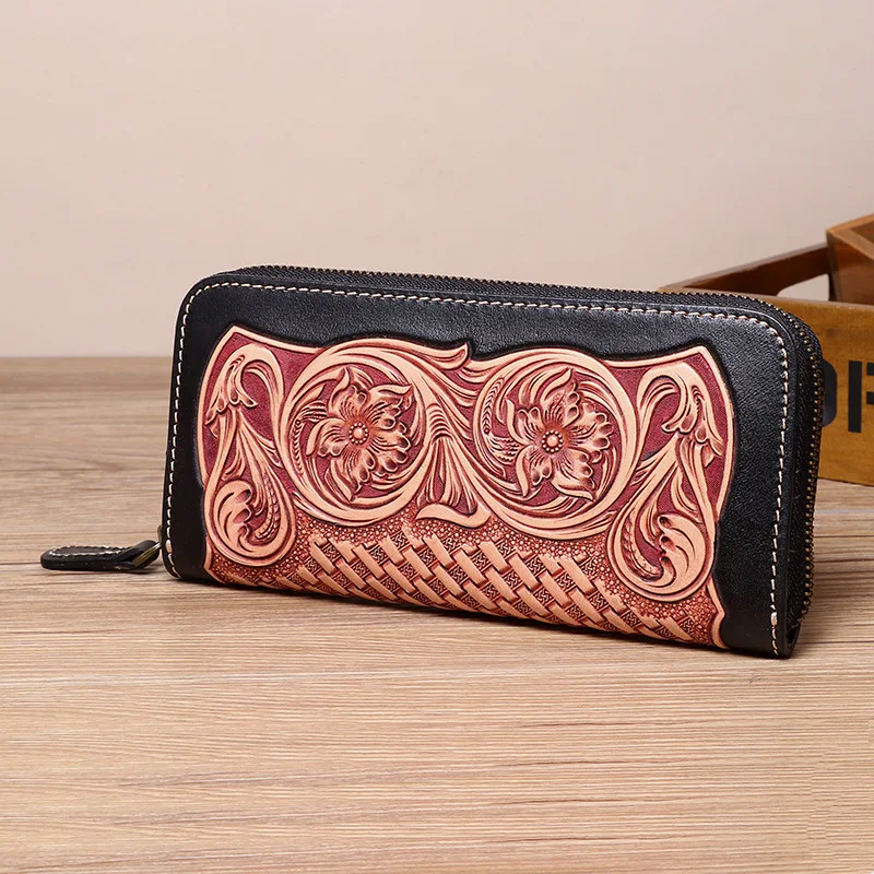 Handmad Vintage Cow Leather Wallets Embossing Curling Grass Pattern Bag Purses Women Men Long Clutch Wallet Card Holder