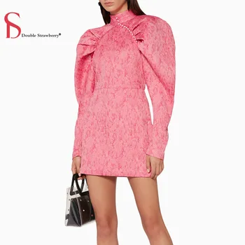 

Double Strawberry Winter Women High Neck Sexy Versatile Lamb Leg Sleeves Exaggerated Profile Long Sleeve Jacquard Slim Dress