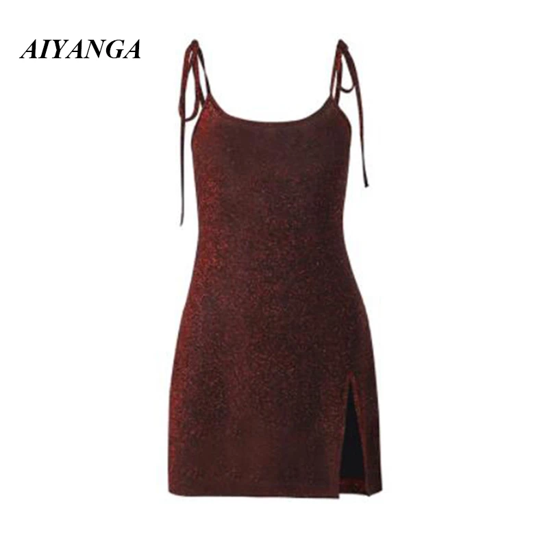 

Summer Gothic Red Shiny Mini Dress Sheath Sexy Spaghetti Strap High Waist Split Dresses Goth Party Club Women Dress 2022