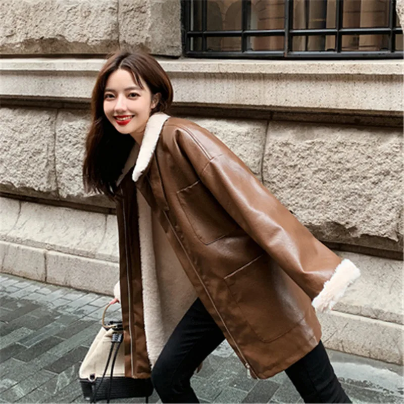 PU Leather Jackets Women's Clothing Long Parkas Winter Coats Korean Plus Velvet Lamb Wool Fur Hair Locomotive Jacket N1148