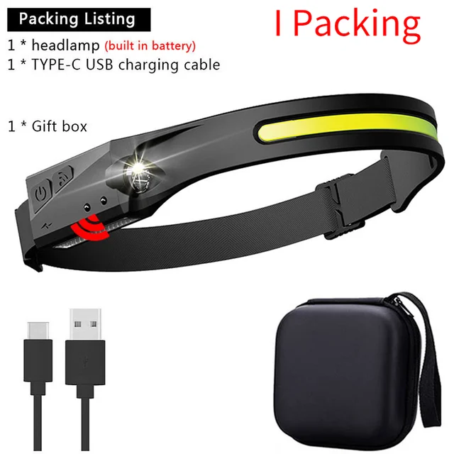 Induction Headlamp COB LED Head Lamp with Built-in Battery Flashlight USB Rechargeable Head Torch 5 Lighting Modes Head Light I Packing