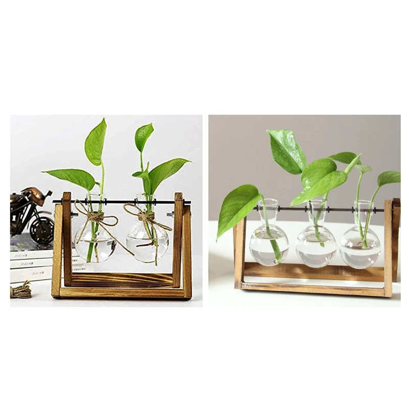

1 Pcs Creative Bulb Vase Plant Glass Hydroponic Container Wooden Home Decorations & 3 Pcs Plant Terrarium with Wooden Stand Glas