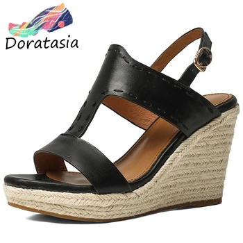 

DORATASIA Genuine Leather Women Open Toe Back Strap Wedges Straw Heel Shoes Wedges Sandals Women Solid Sandals