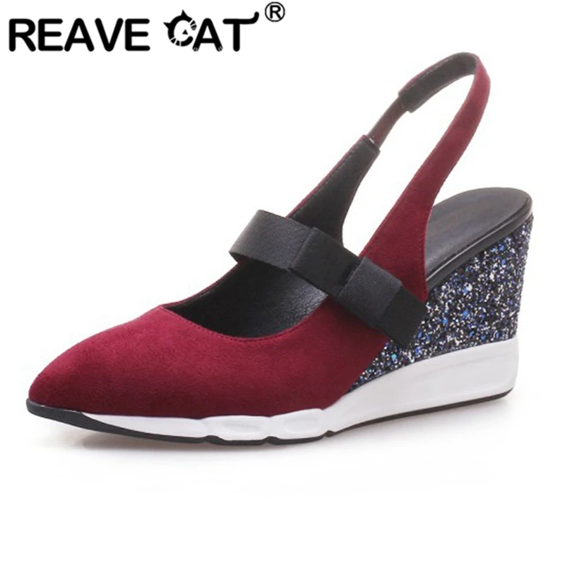 

REAVE CAT Woman Spring Summer Elegant Pumps Pointed Toe 8cm Shining Wedges Flock Slip on Glitter Large size 35-40 Casual A2859