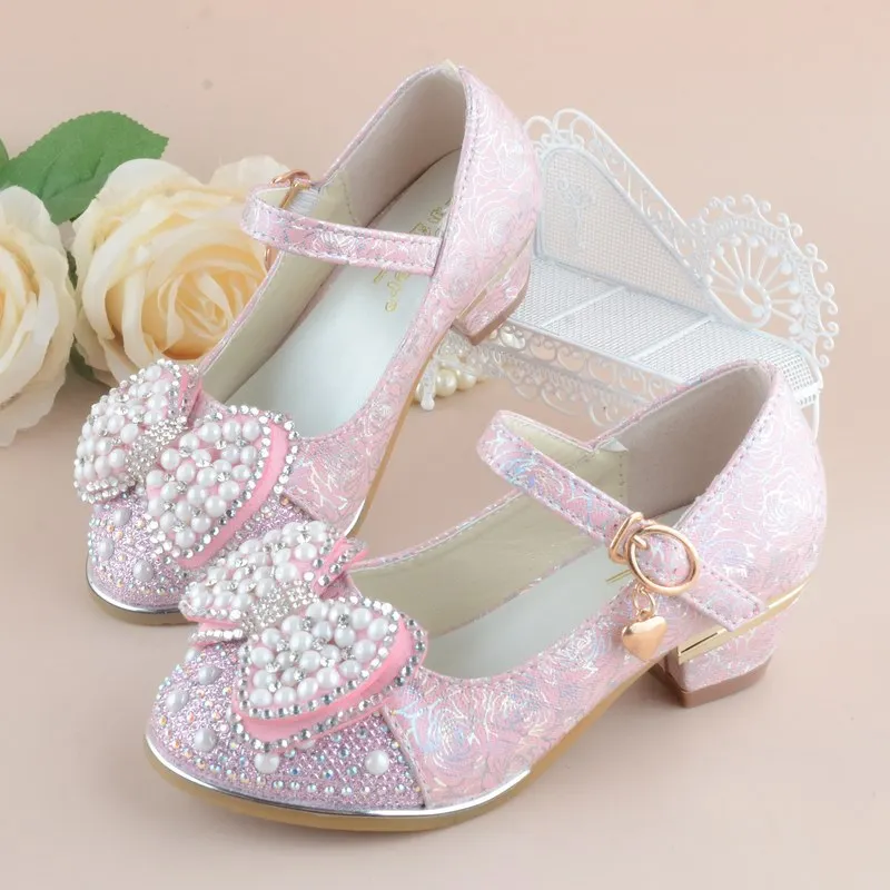 Girl Fashion High Heel Princess Bow Leather Shoes Big Kids Dress Wedding Dance Children School Shoes 4 5 6 7 8 9 10 11 12 Years