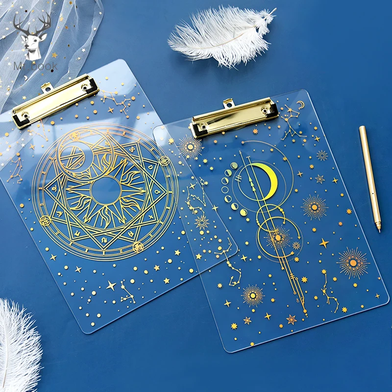 Carpeta de documentos transparente de bronceado con láser A4, Clip de tablero para estudiante, papelería, cielo estrellado, carpeta, tablero duro de escritura